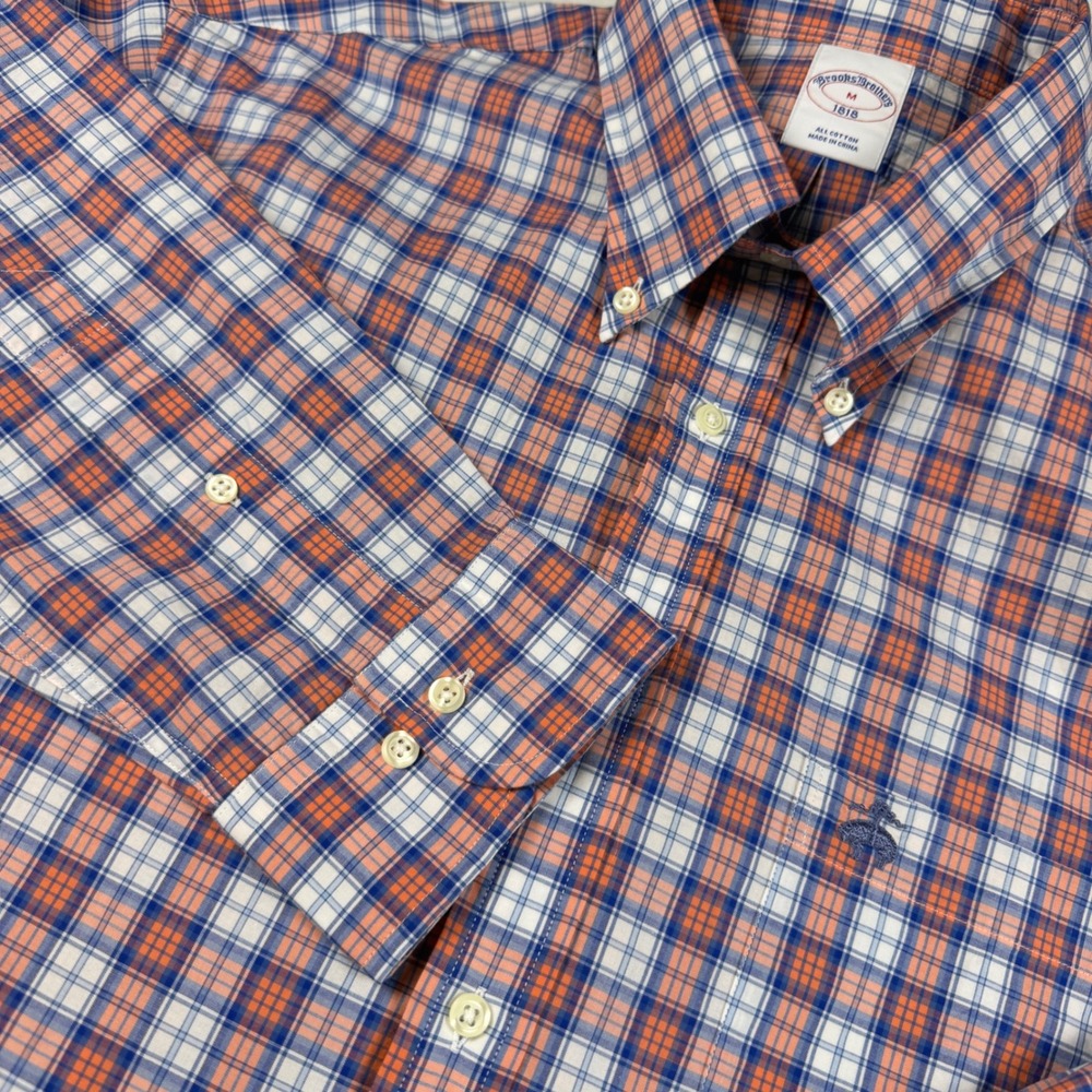 Brooks Brothers Button Down Shirt Mens M Orange‎ Blue Plaid Long Sleeve EUC